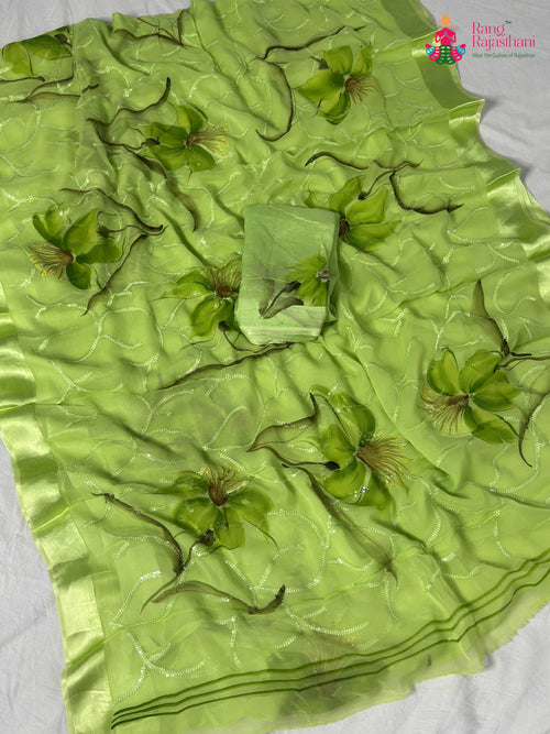 Green Chiffon Resham Embroidery Saree for Mehendi Ceremony | Buy Today main-image