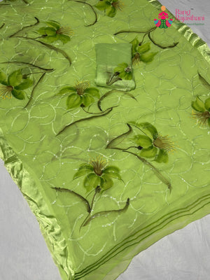 Green Pure Chiffon Resham Embroidery Saree for Mehendi Ceremony | Traditional Edit