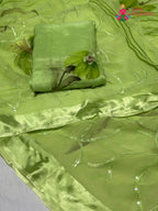design pattern of green chiffon resham embroidery saree