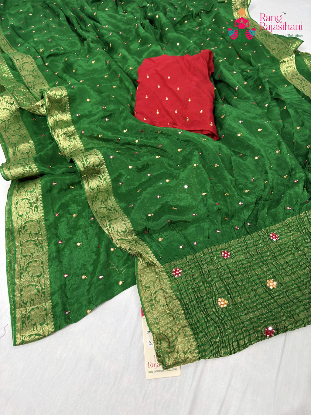 complete look of green chinnon banarasi zari weave saree