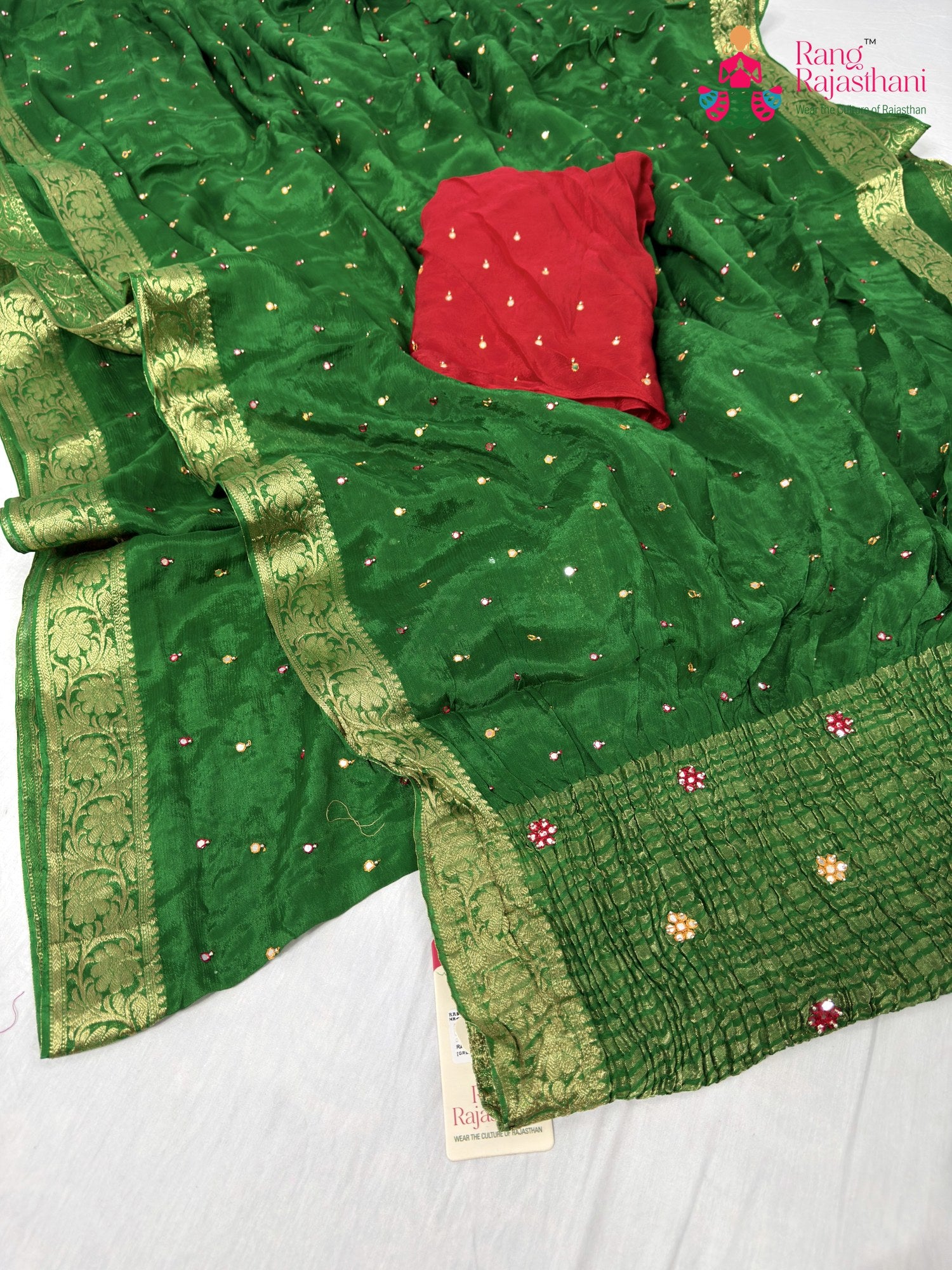 complete look of green chinnon banarasi zari weave saree