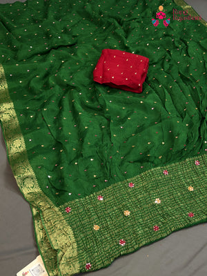 Green Chinnon Banarasi Zari Weave Saree for Mehendi Ceremony | Editor Choice