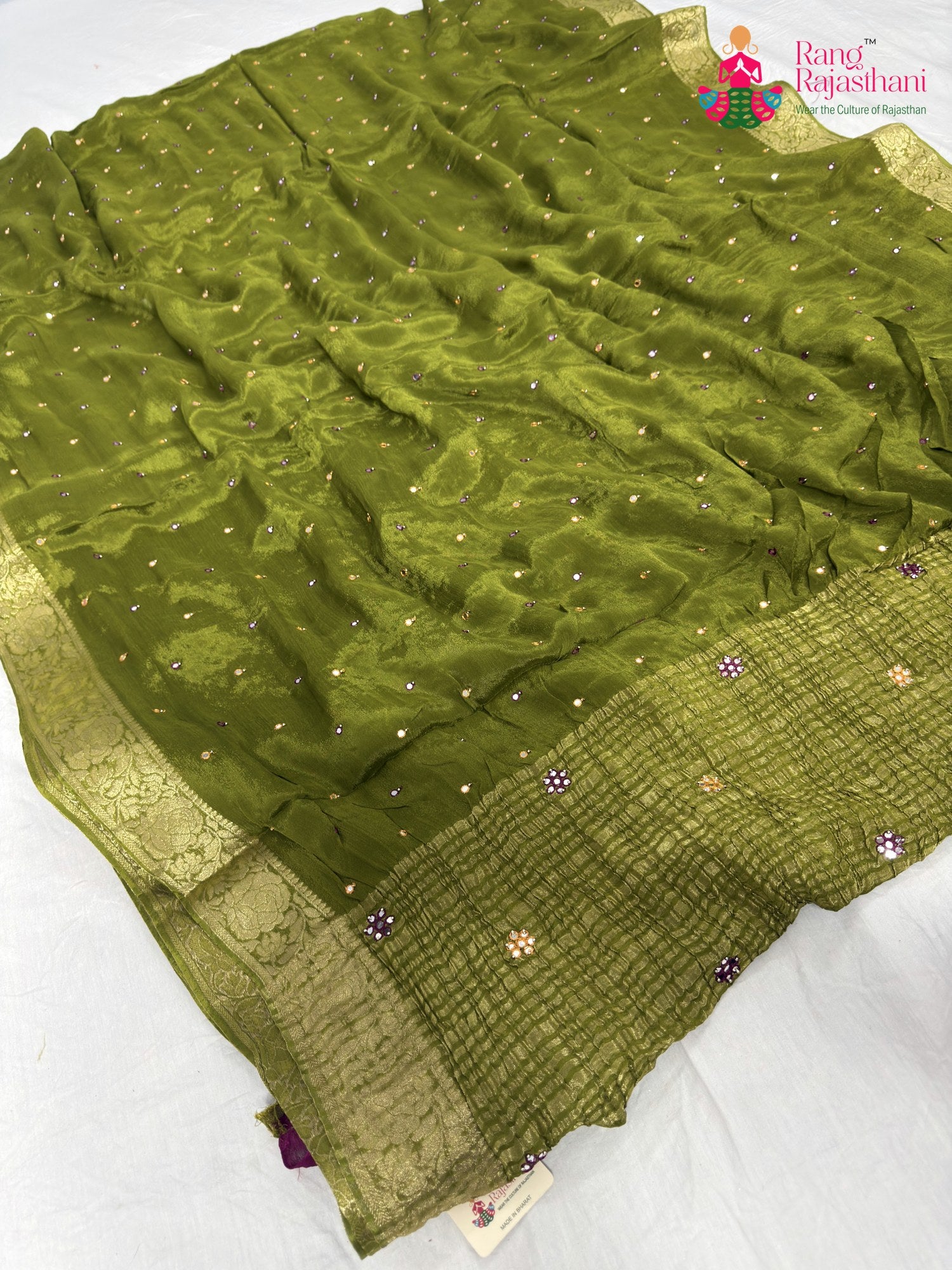 green chinnon banarasi zari weave saree for mehendi ceremony by Rang Rajasthani