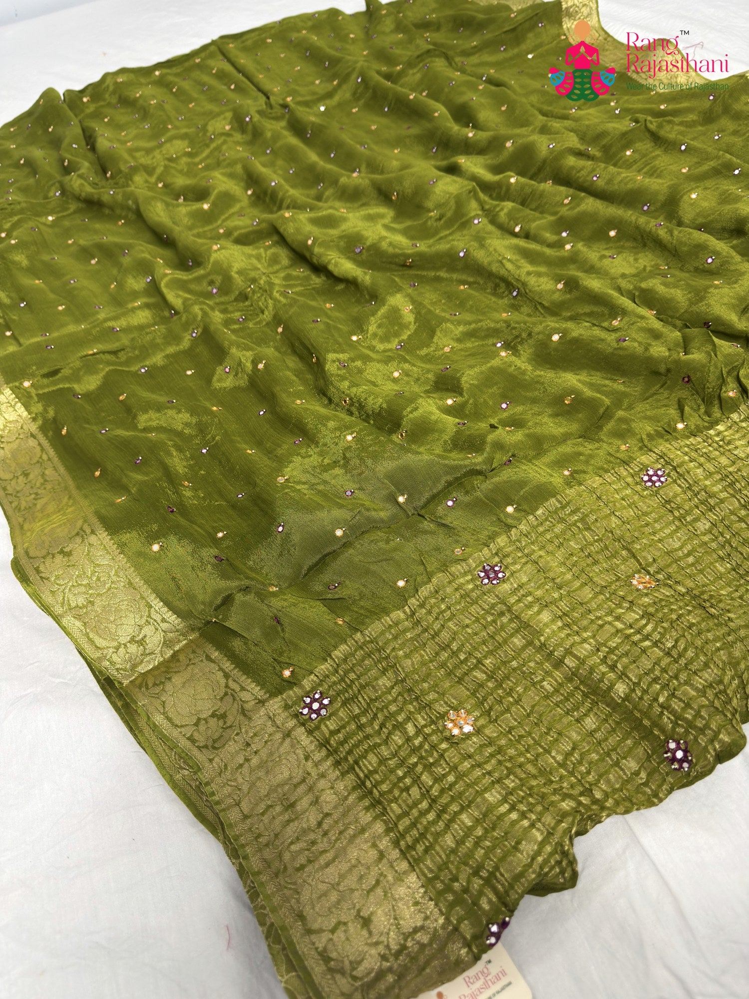 close up detailing of green chinnon banarasi zari weave saree