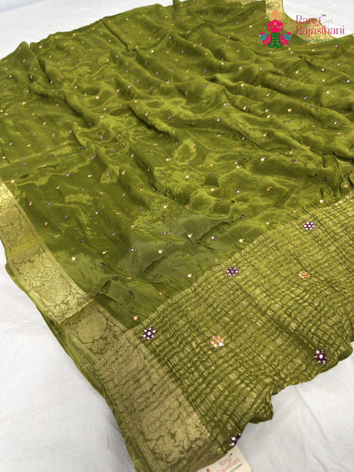 Green Chinnon Banarasi Zari Weave Saree for Mehendi Ceremony | Handpicked Pick main-image