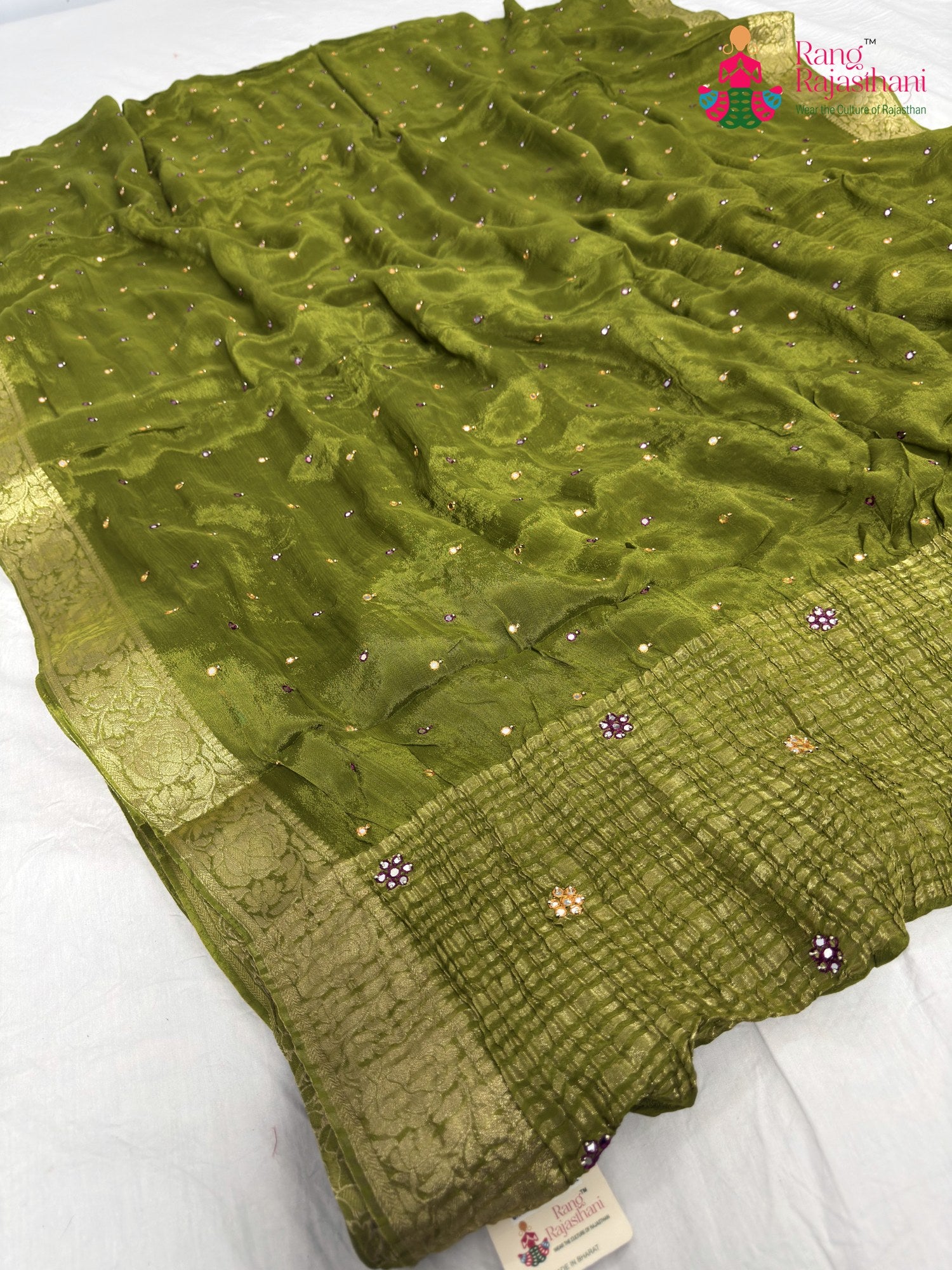 complete look of green chinnon banarasi zari weave saree