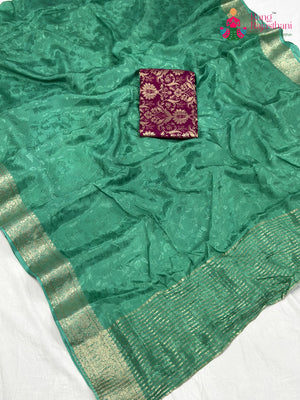 Green Chinnon Jacquard Weave Plain Saree for Sangeet Night | Premium Pick
