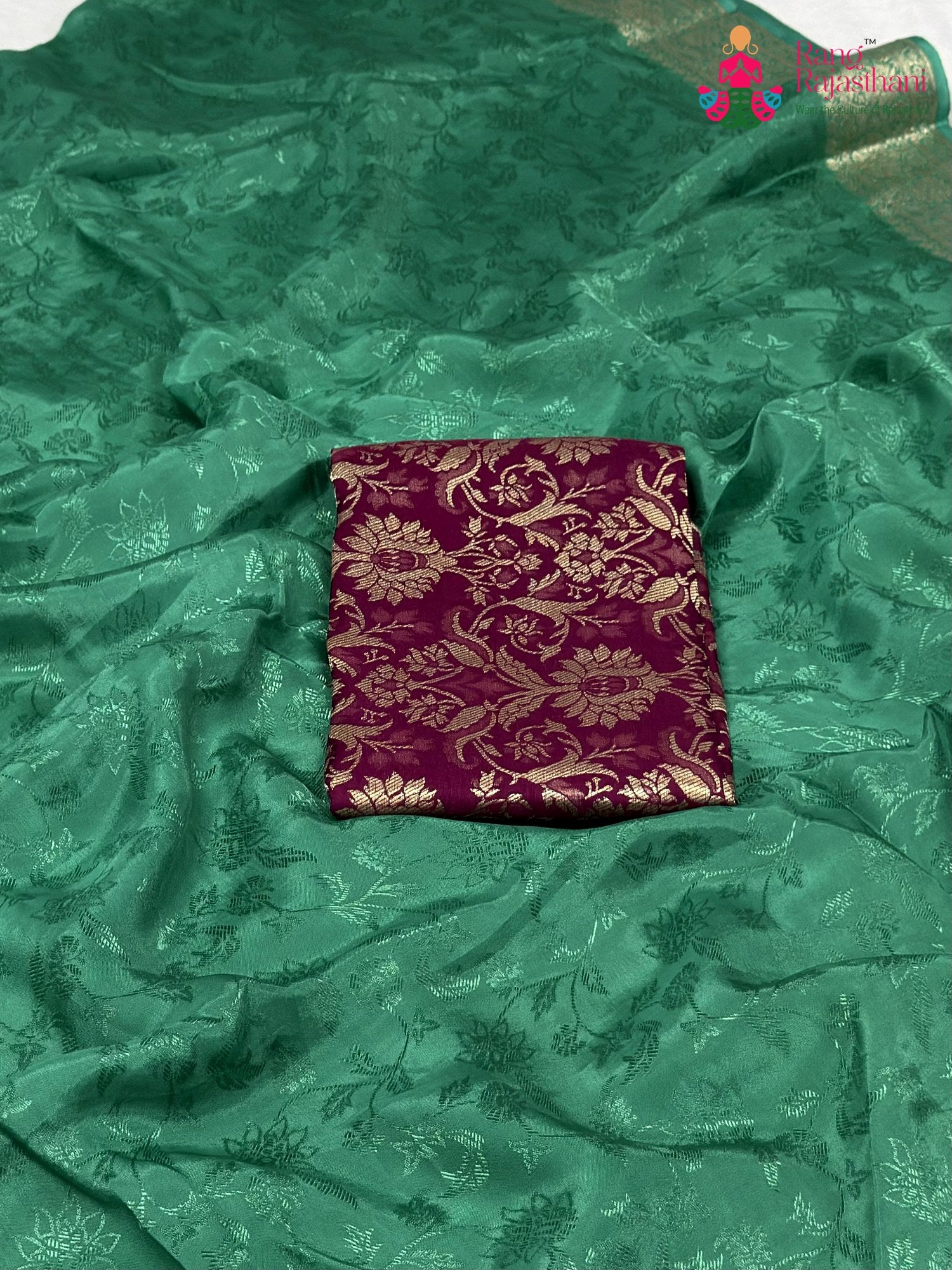 Green Chinnon Jacquard Weave Plain Saree for Sangeet Night | Premium Pick