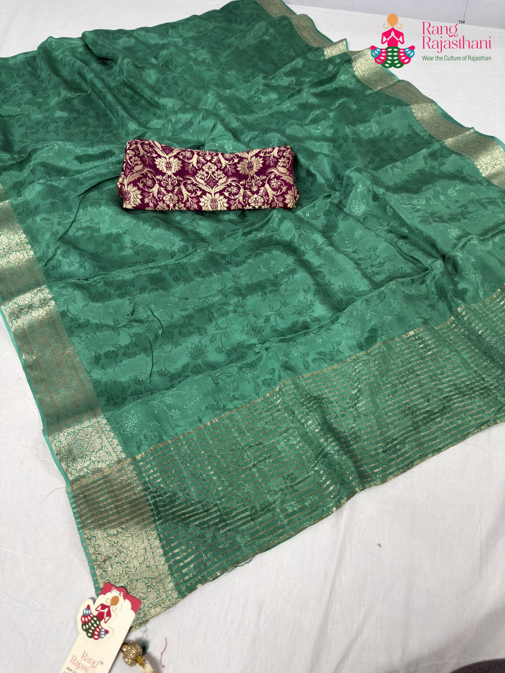 green chinnon jacquard weave saree for sangeet night by Rang Rajasthani