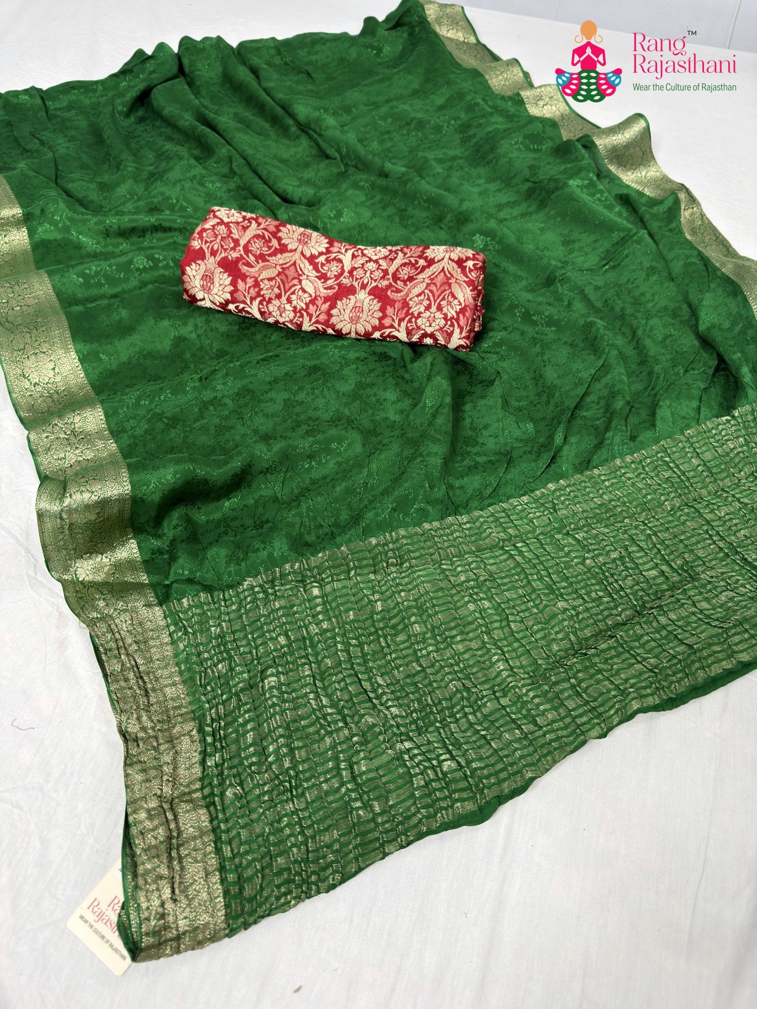 green chinnon jacquard weave saree for mehendi ceremony by Rang Rajasthani