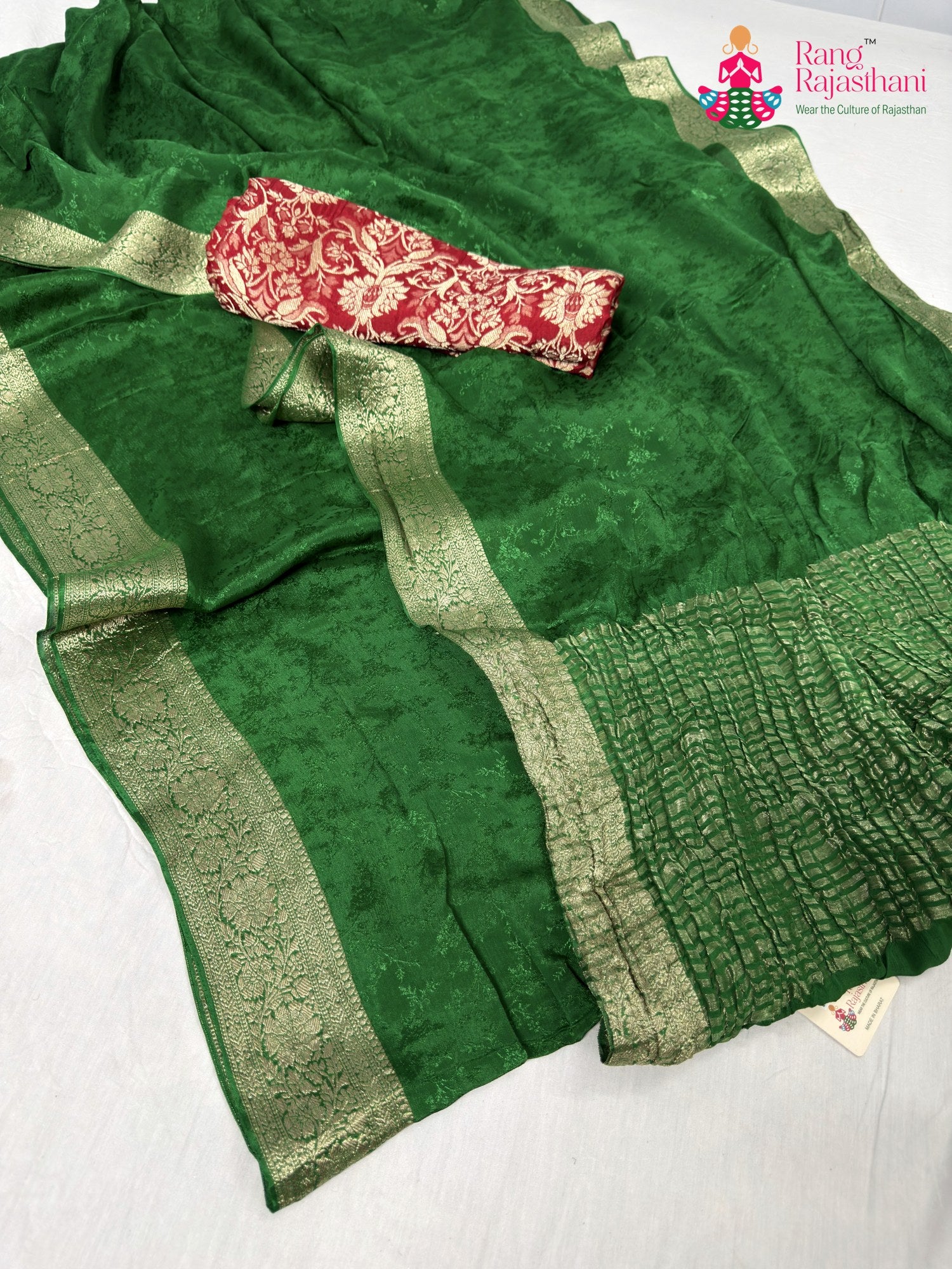 complete look of green chinnon jacquard weave saree