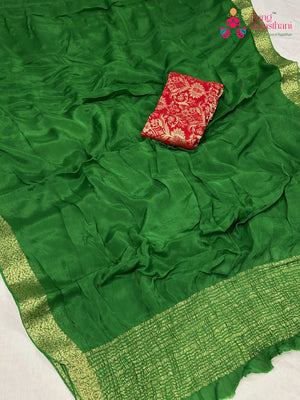 Green Chinnon Plain Saree for Mehendi Ceremony | Elegant Edit