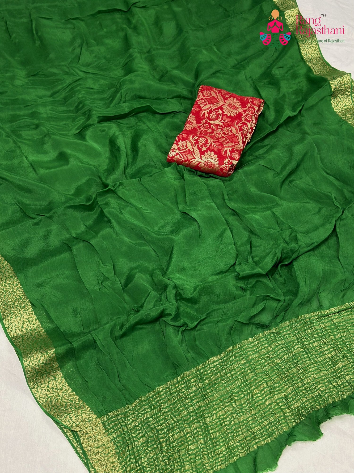 Green Chinnon Plain Saree for Mehendi Ceremony | Elegant Edit