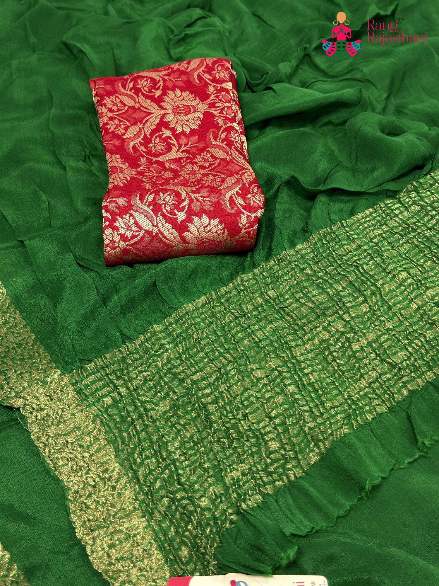 Green Chinnon Plain Saree for Mehendi Ceremony | Elegant Edit