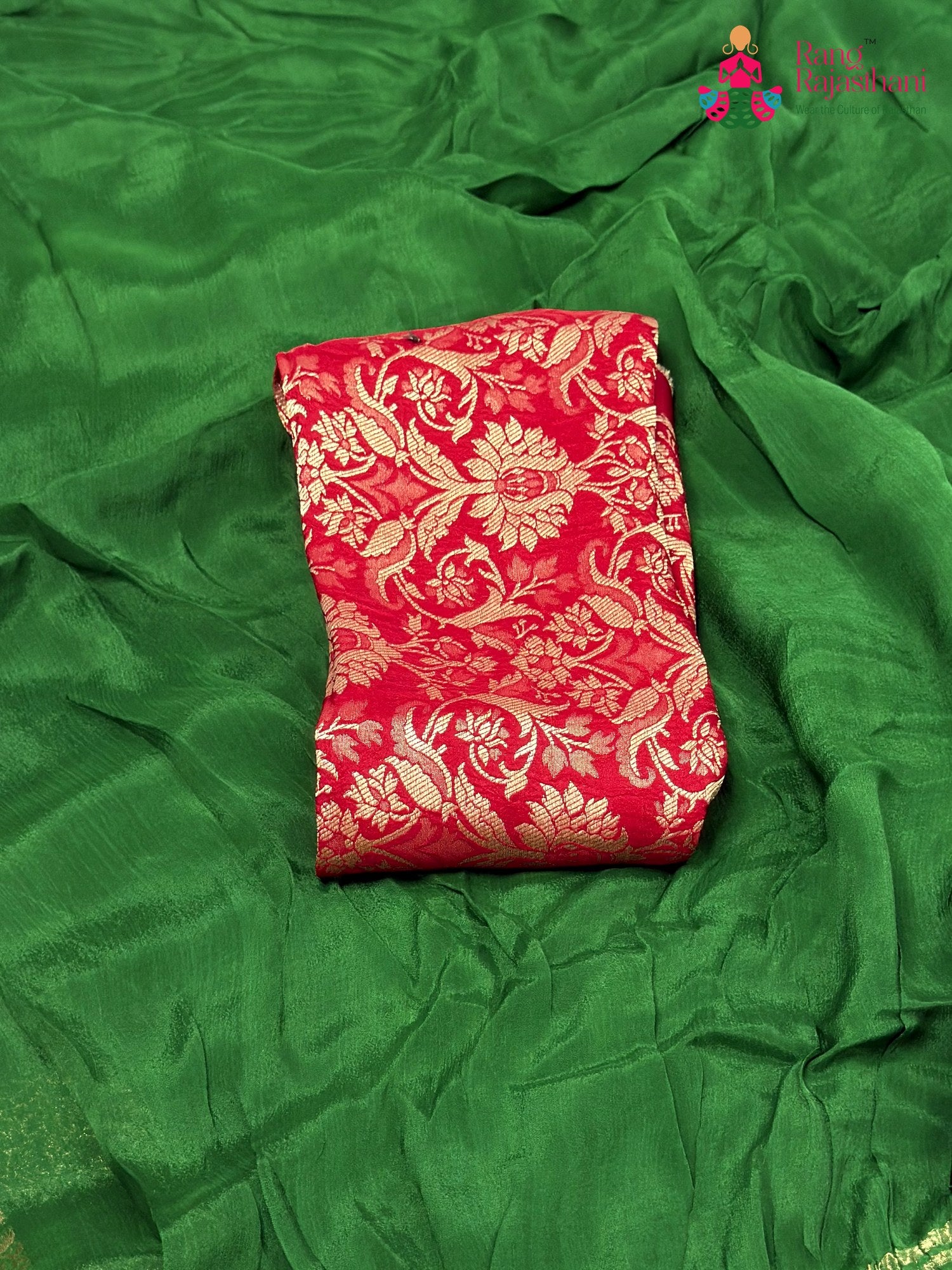 Green Chinnon Plain Saree for Mehendi Ceremony | Elegant Edit