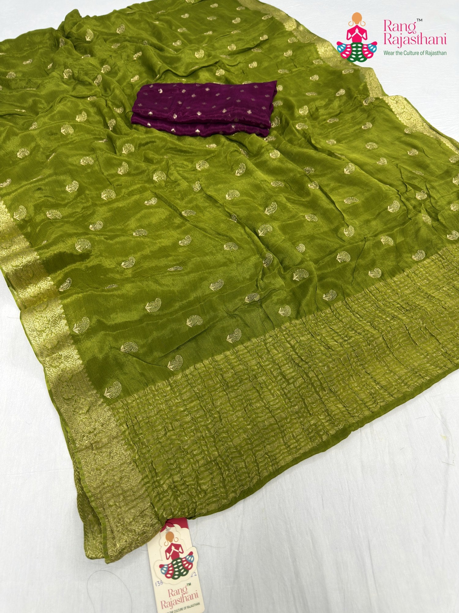 green chinnon resham embroidery saree for mehendi ceremony by Rang Rajasthani
