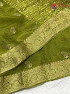 close up view of green chinnon resham embroidery saree