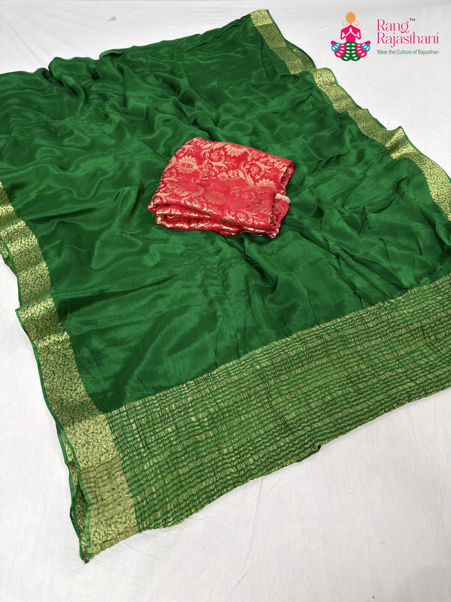 pallu detailing of green chinnon saree