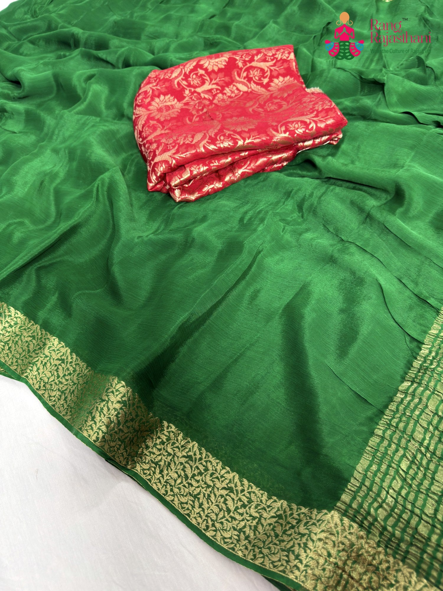 complete look of green chinnon saree