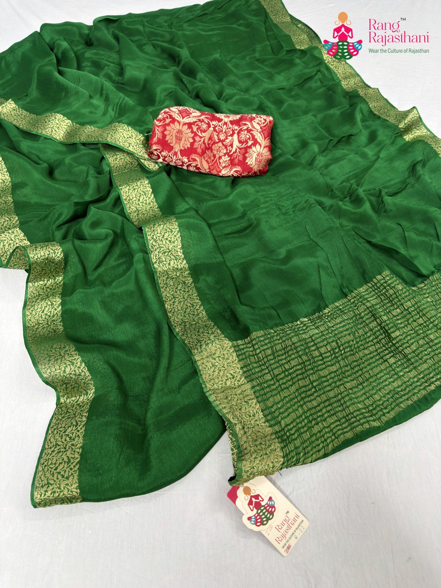border detailing of green chinnon saree