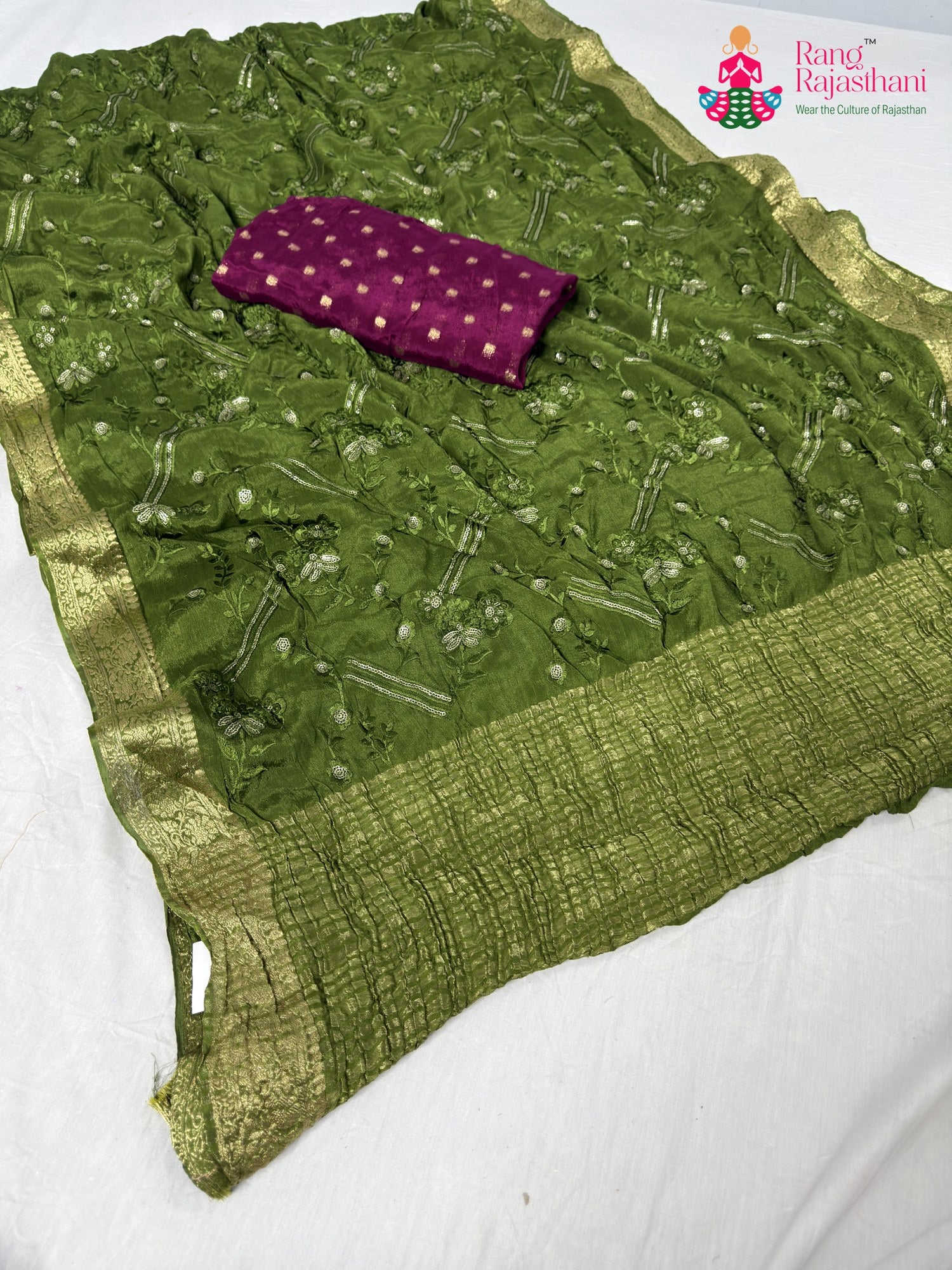 green chinnon sequin saree for mehendi ceremony by Rang Rajasthani