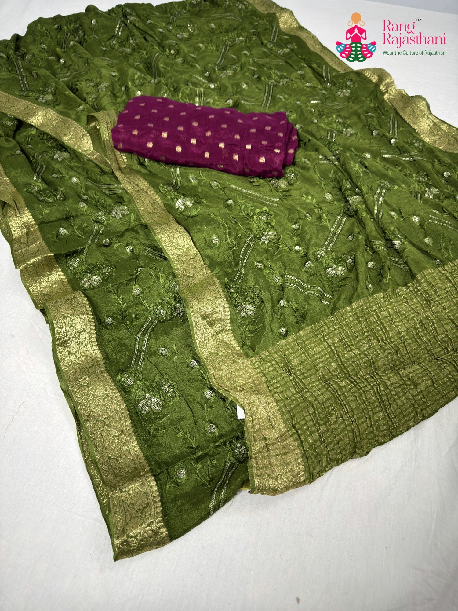 complete look of green chinnon sequin saree