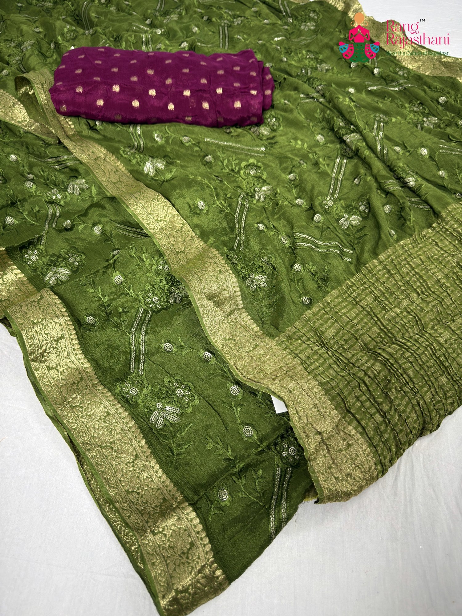 border detailing of green chinnon sequin saree