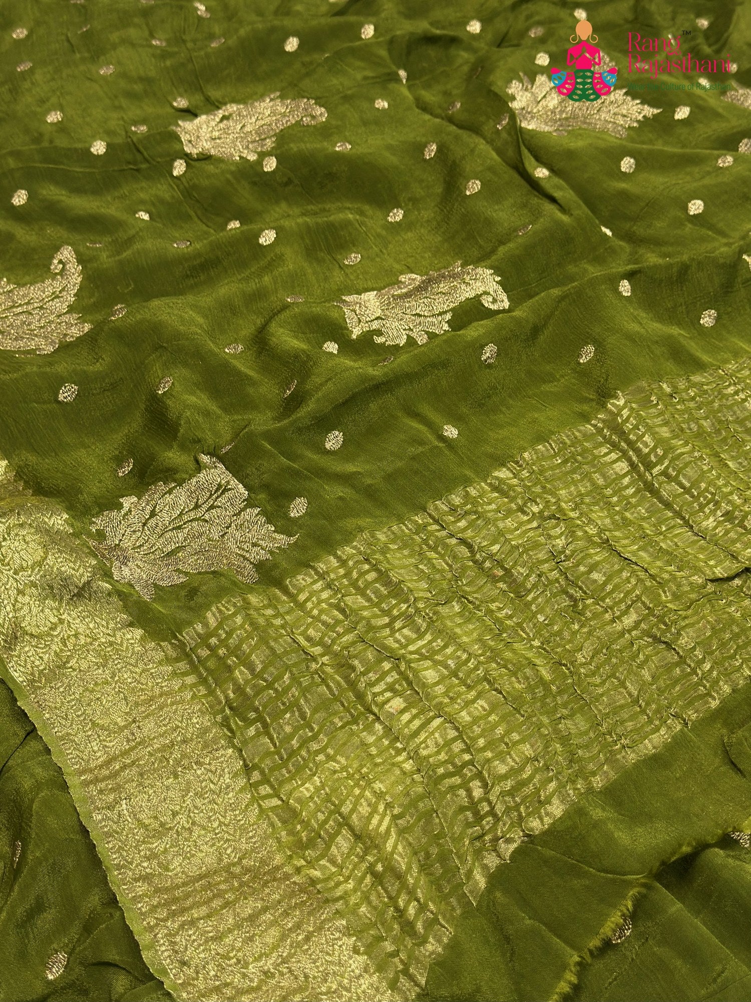 Green Chinnon Zari Embroidery Saree for Mehendi Ceremony | Shop Now
