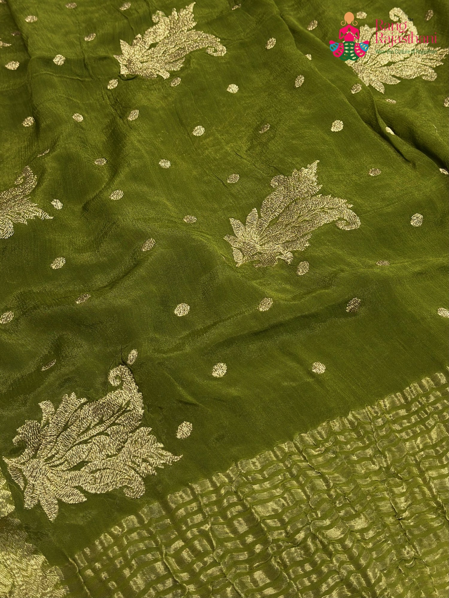 Green Chinnon Zari Embroidery Saree for Mehendi Ceremony | Shop Now