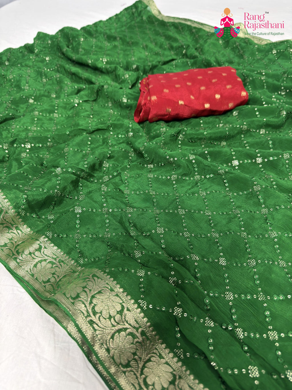 close up detailing of green chinnon sequin saree