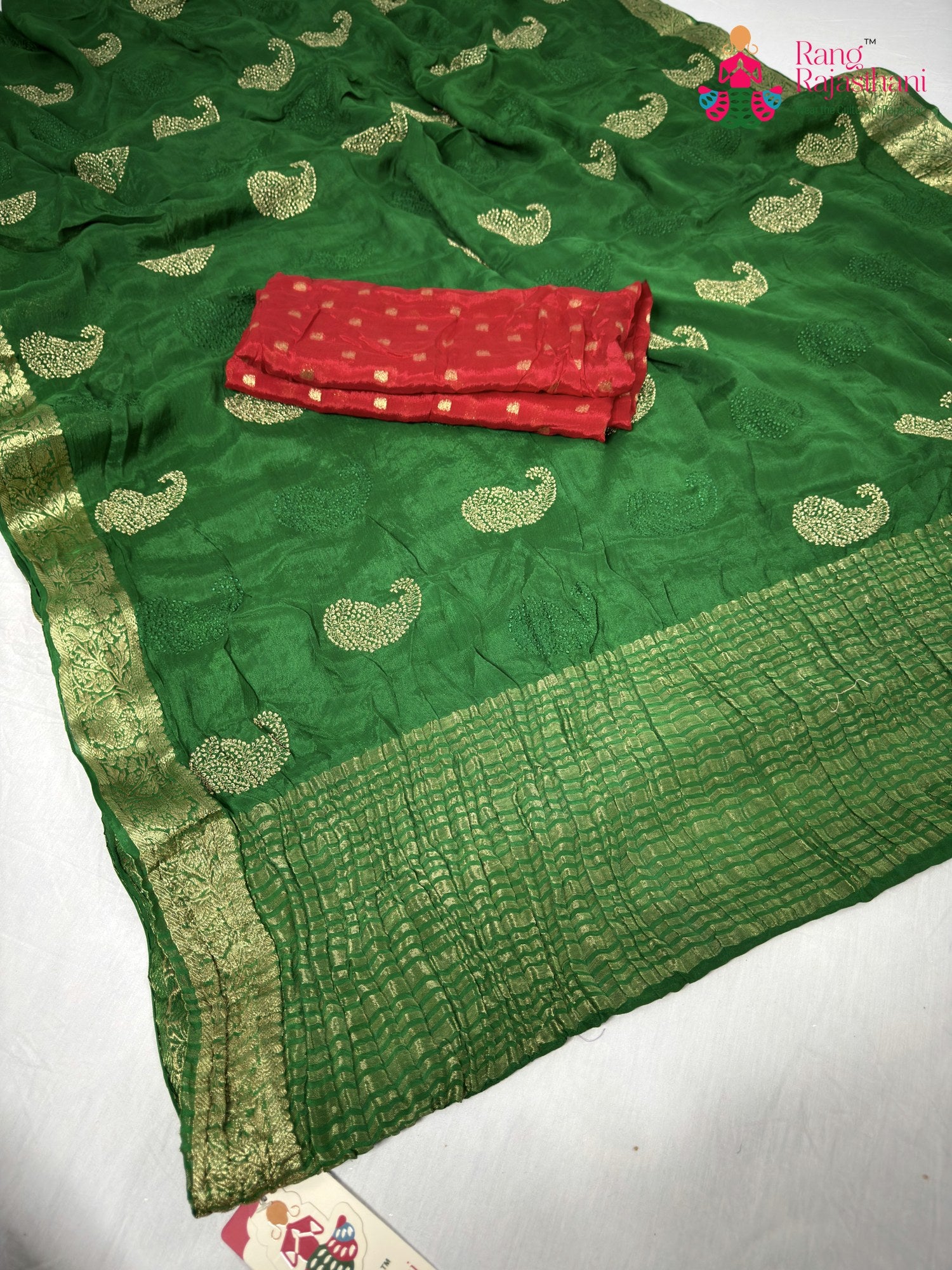 green chinnon zari embroidery saree for mehendi ceremony by Rang Rajasthani