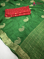 pallu detailing of green chinnon zari embroidery saree