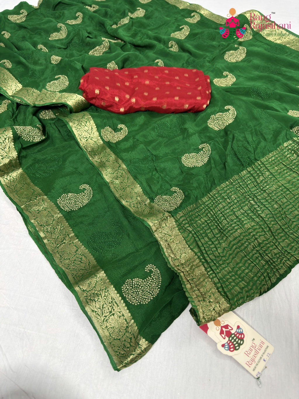 complete look of green chinnon zari embroidery saree