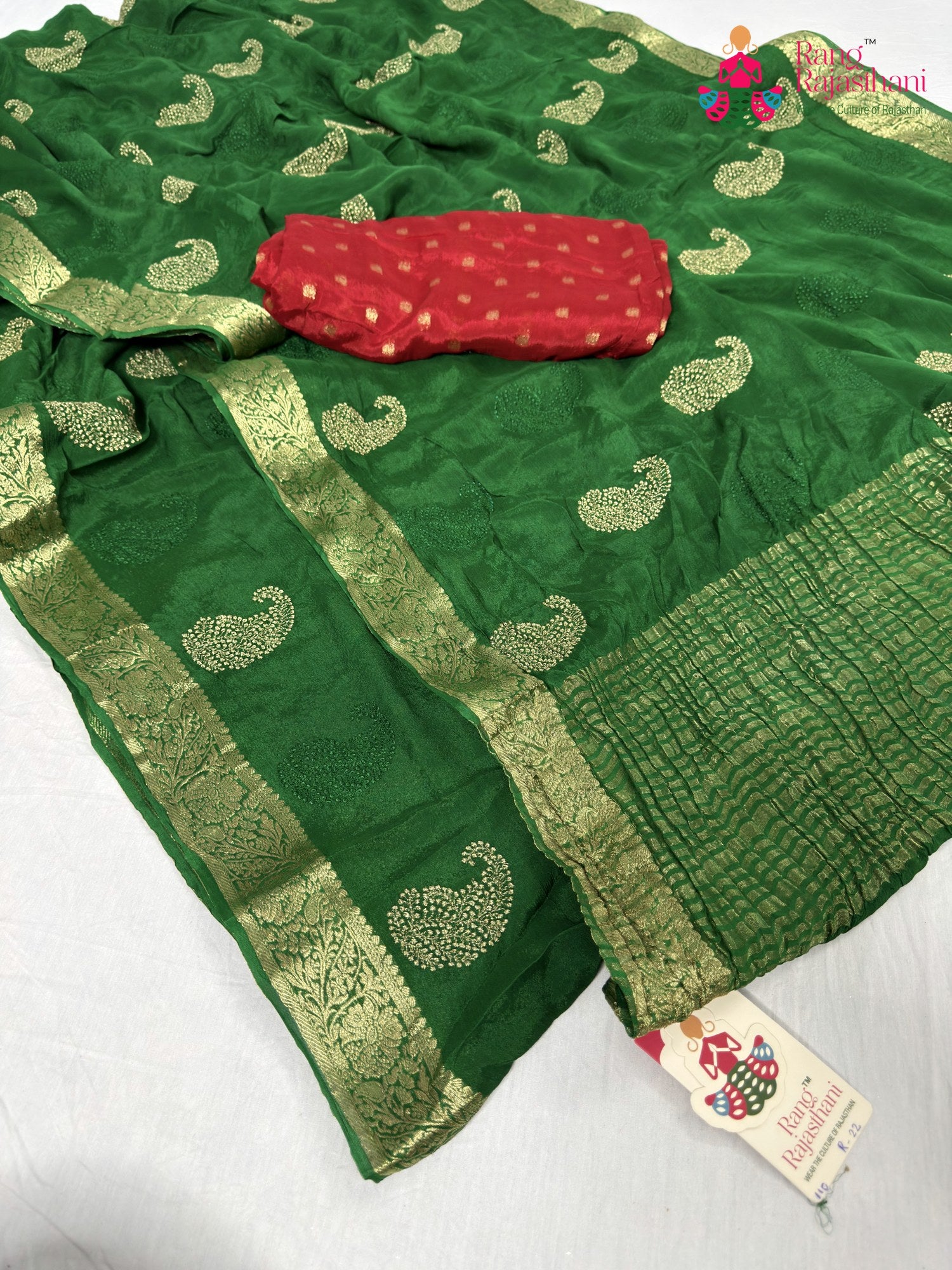 complete look of green chinnon zari embroidery saree