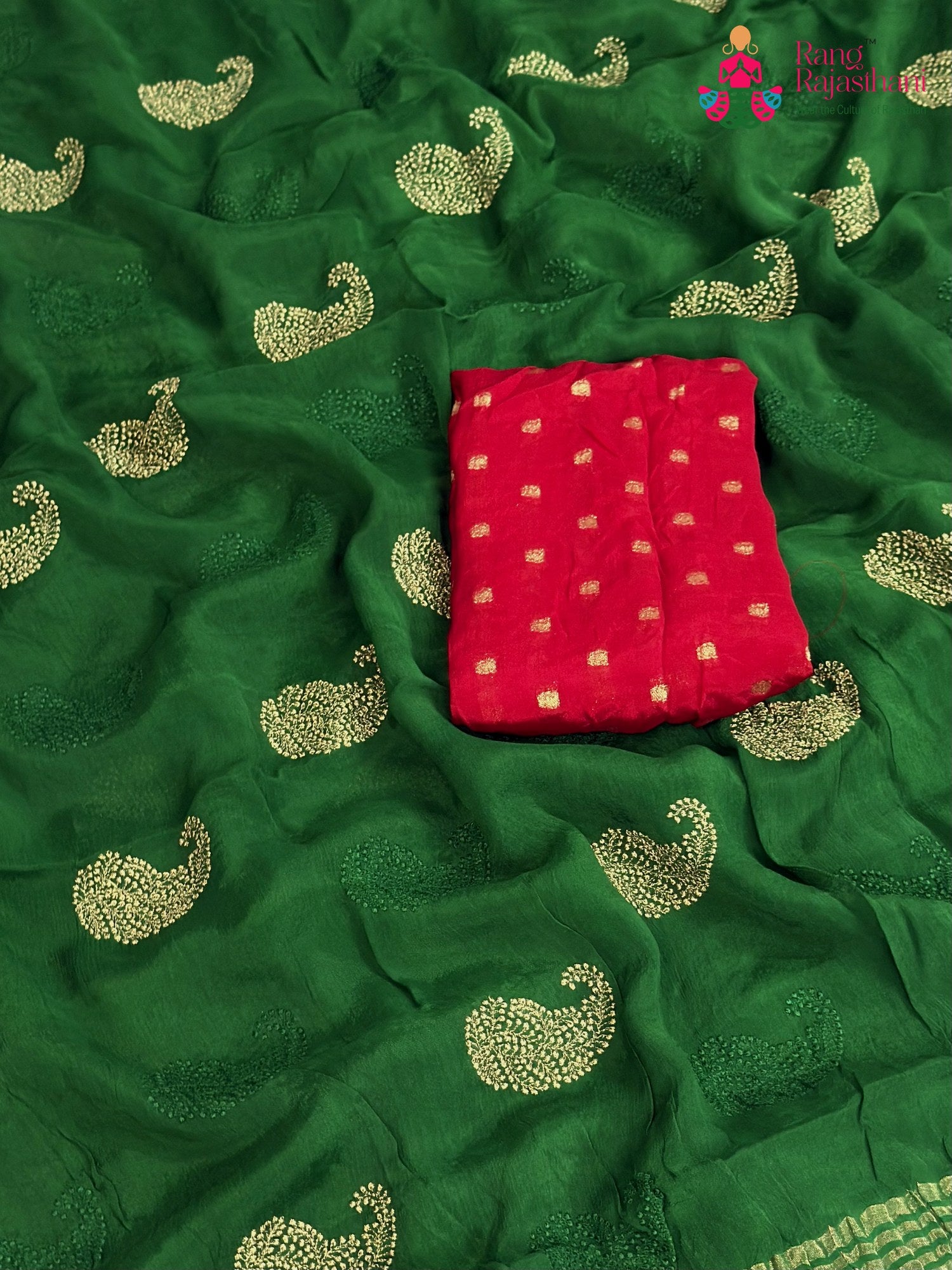 Green Chinnon Zari Embroidery Saree for Mehendi Ceremony | Classic Edit