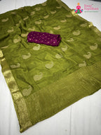 green chinnon zari embroidery saree for mehendi ceremony by Rang Rajasthani