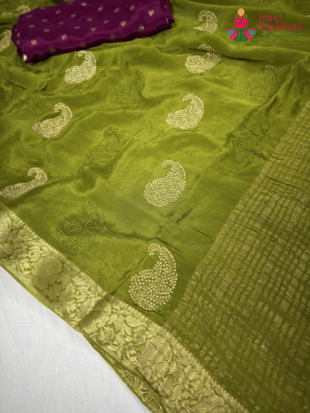 close up detailing of green chinnon zari embroidery saree