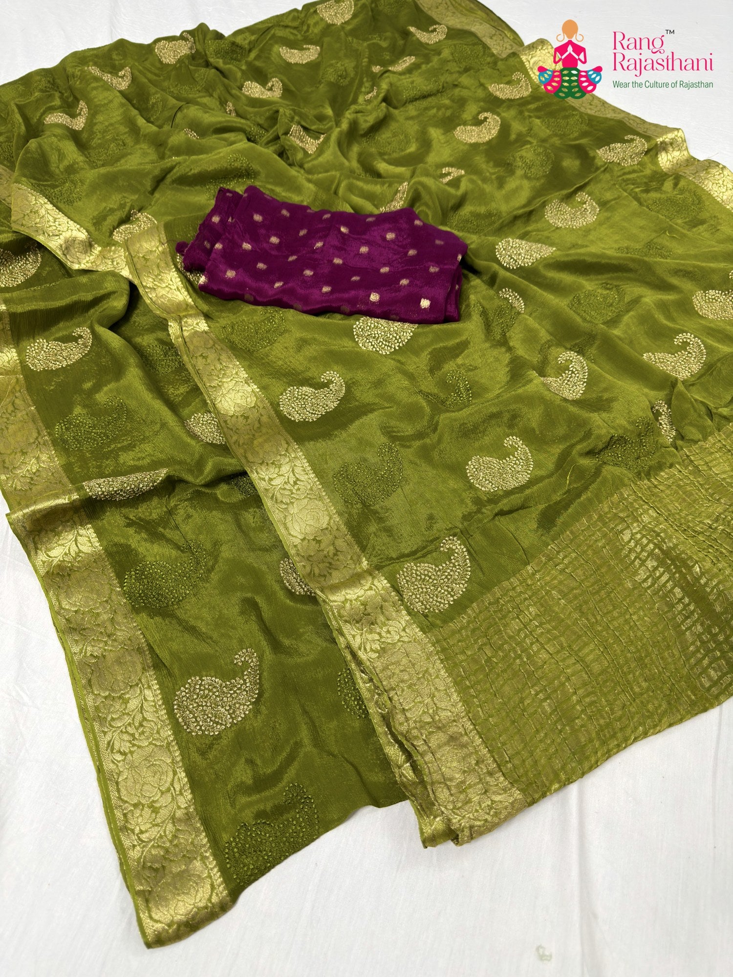 complete look of green chinnon zari embroidery saree