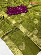 border detailing of green chinnon zari embroidery saree
