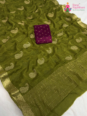 Green Chinnon Zari Embroidery Saree for Mehendi Ceremony | Heritage Collection