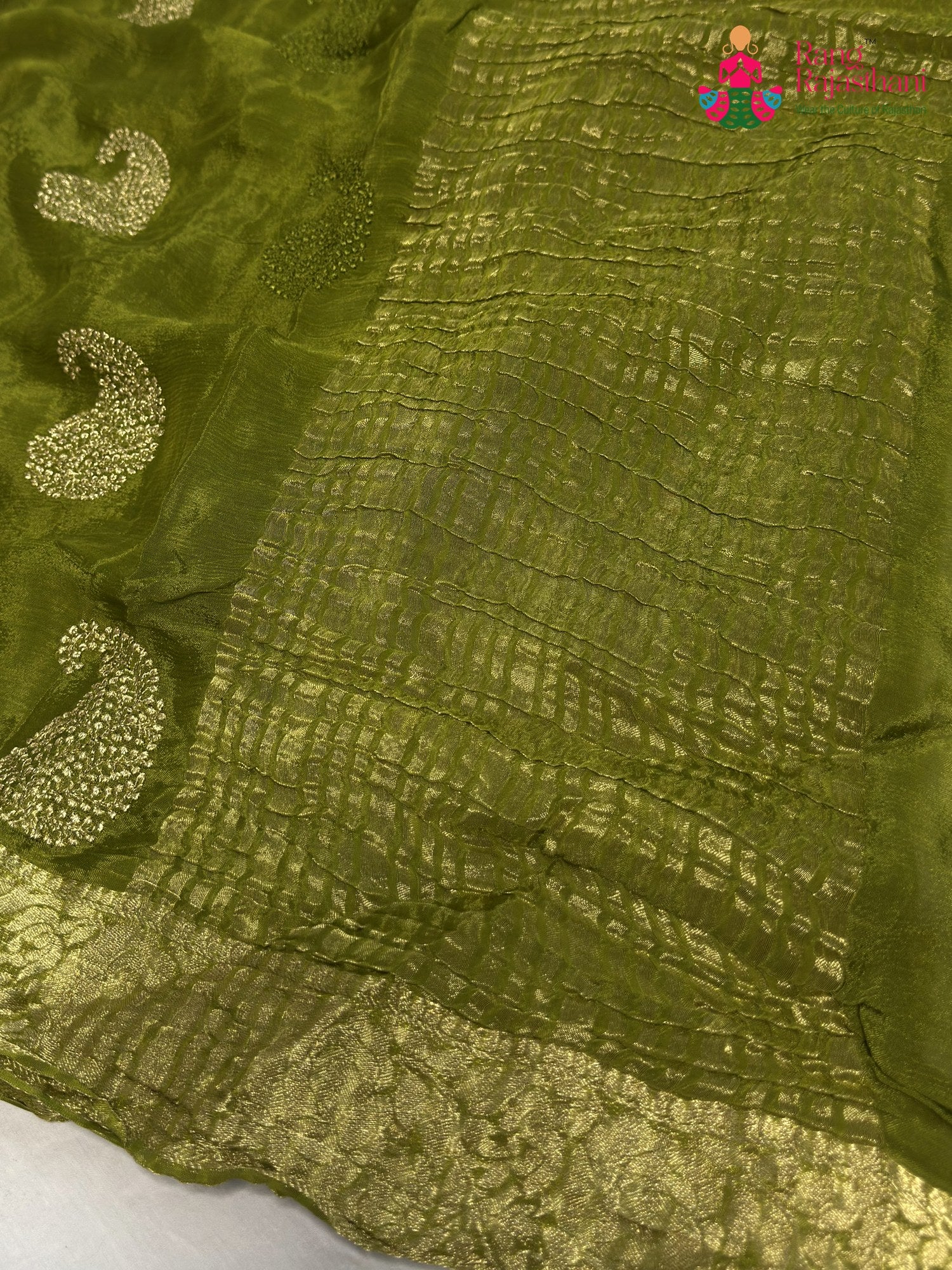Green Chinnon Zari Embroidery Saree for Mehendi Ceremony | Heritage Collection