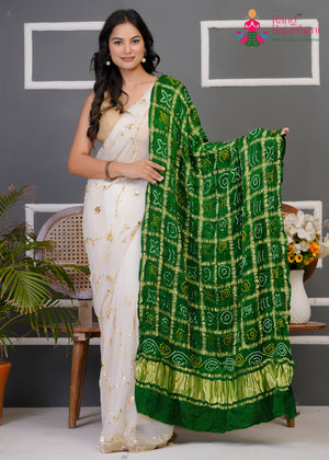 Green Pure Gaji Silk Hand Tie Dye Bandhani Chunri Dupatta for Festive Celebration | Order Online