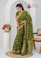 Green Pure Georgette saree with Meenakari and Khaddi Work side drape view