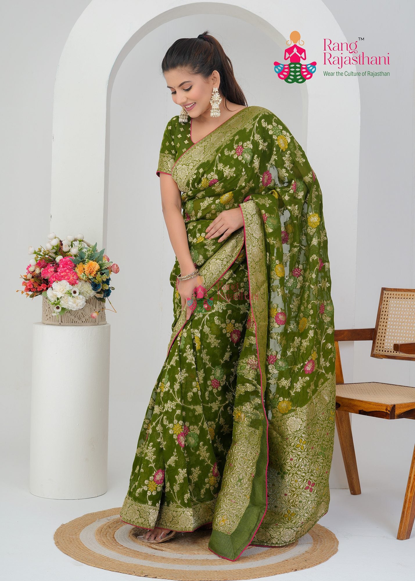 Green Khaddi Work saree— Wedding saree | Rang Rajasthani