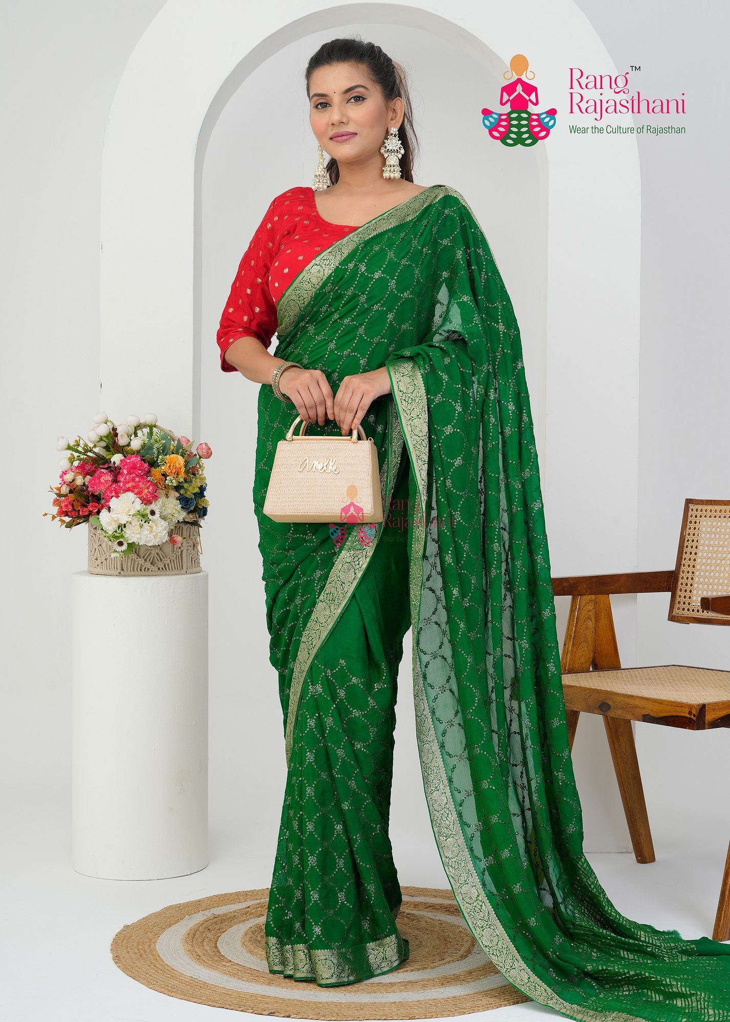 Green Party Wear saree— Celebration saree| Rang Rajasthani
