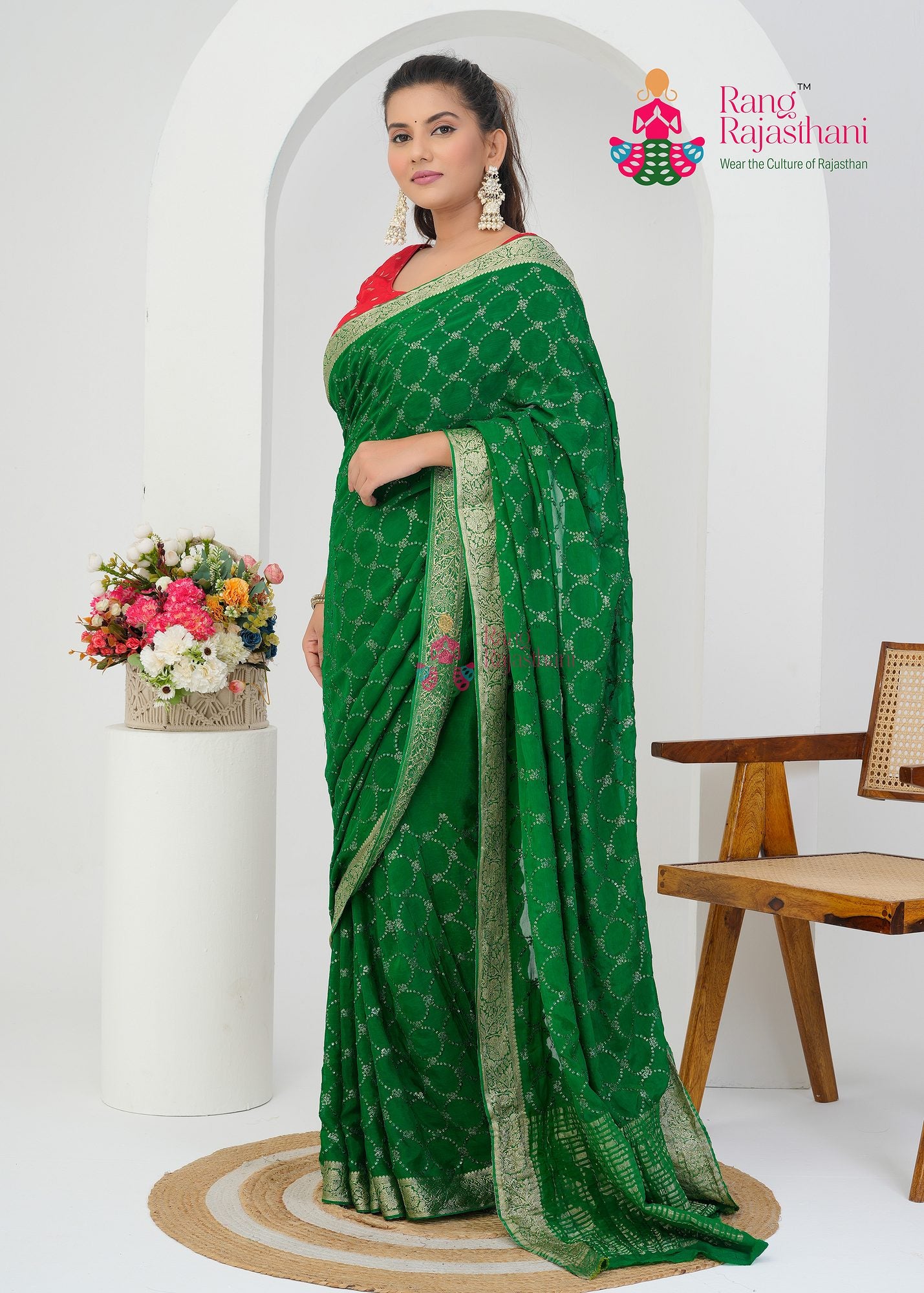 Green Party Wear saree— Celebration saree| Rang Rajasthani