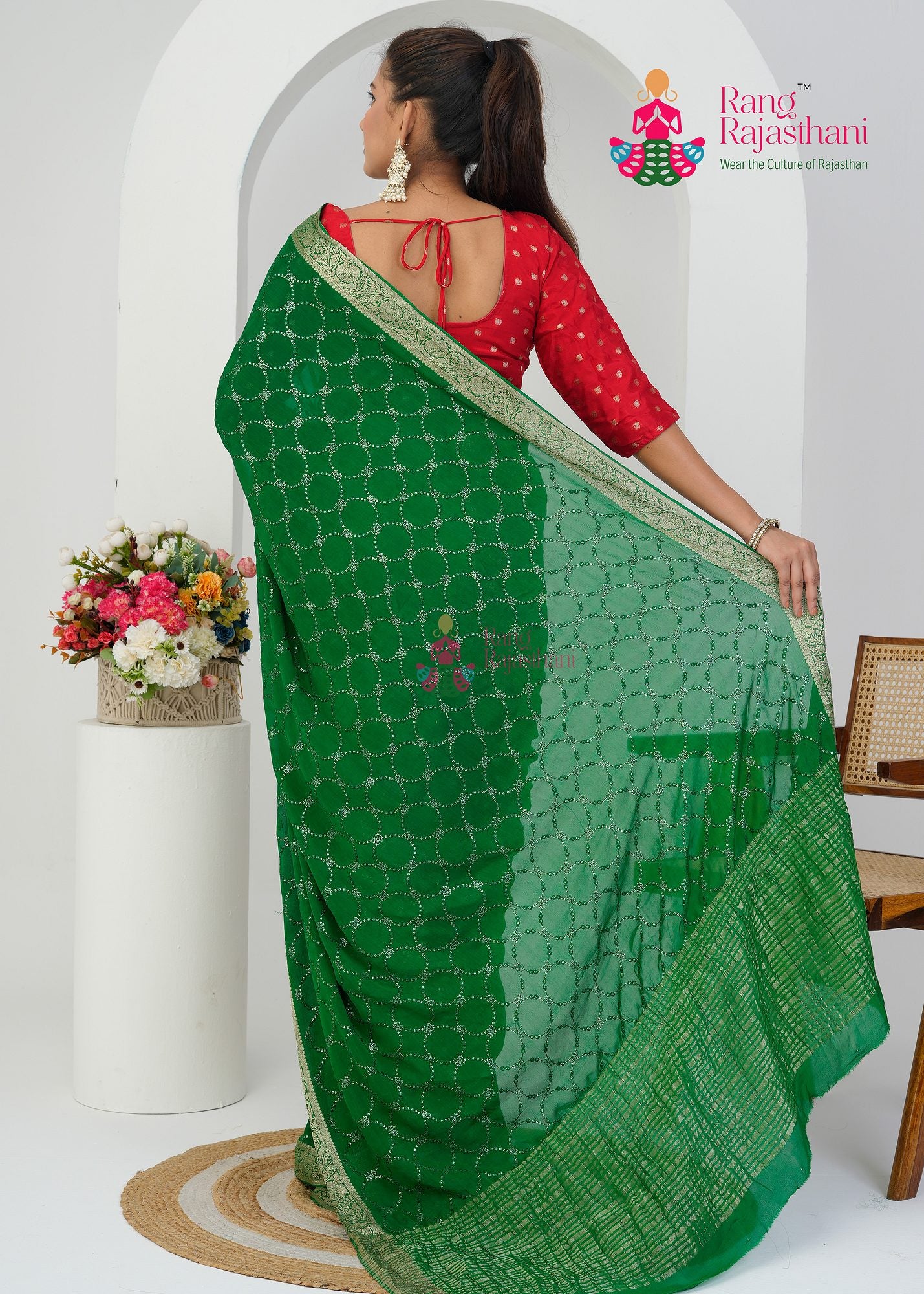 Green Party Wear saree— Celebration saree| Rang Rajasthani