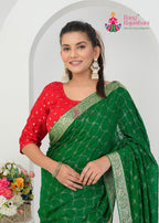 Green Pure Chinon saree with Resham and Micro Sequence close up detailing