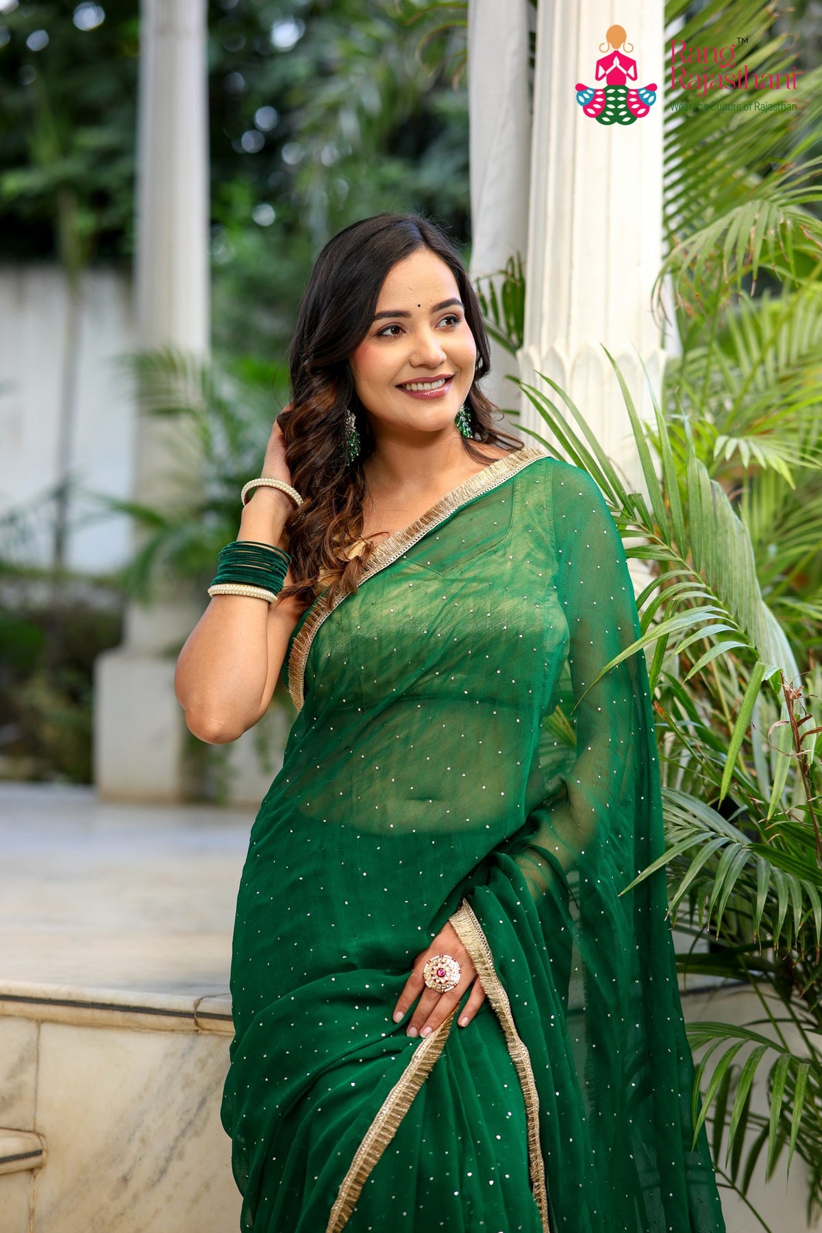 Green Pure Chiffon Mukesh Saree for Mehendi Ceremony | Wedding Edit