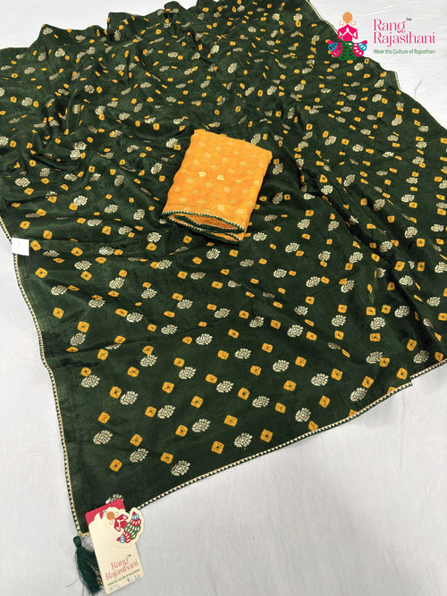 Green Pure Dola Silk Bandhani Saree : Subtle Charm main-image